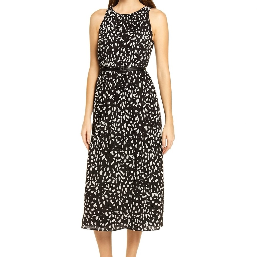 Halogen Sleeveless Dalmatian Print Pleated Dress Black Ivory Dot Marks SMALL